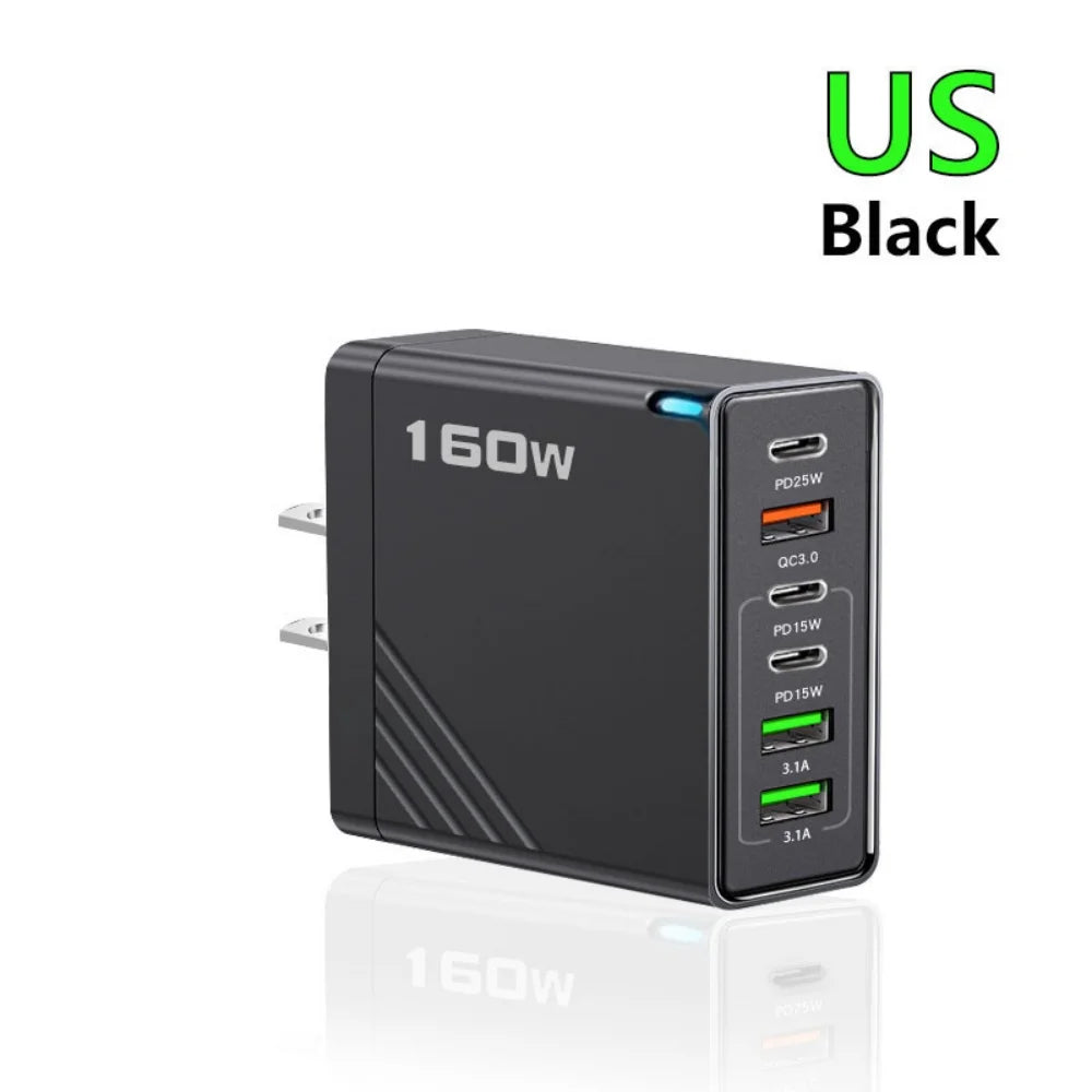 160W Multi-Port Fast Charger Type-C Wall Adapter for iPhone, Samsung & Huawei