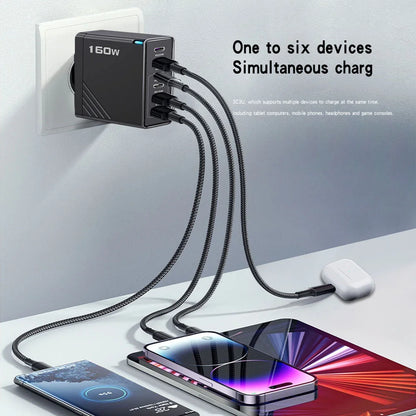 160W Multi-Port Fast Charger Type-C Wall Adapter for iPhone, Samsung & Huawei