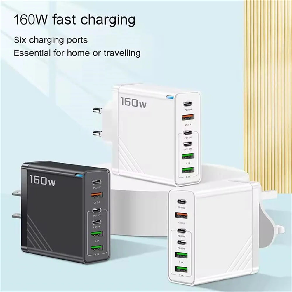 160W Multi-Port Fast Charger Type-C Wall Adapter for iPhone, Samsung & Huawei