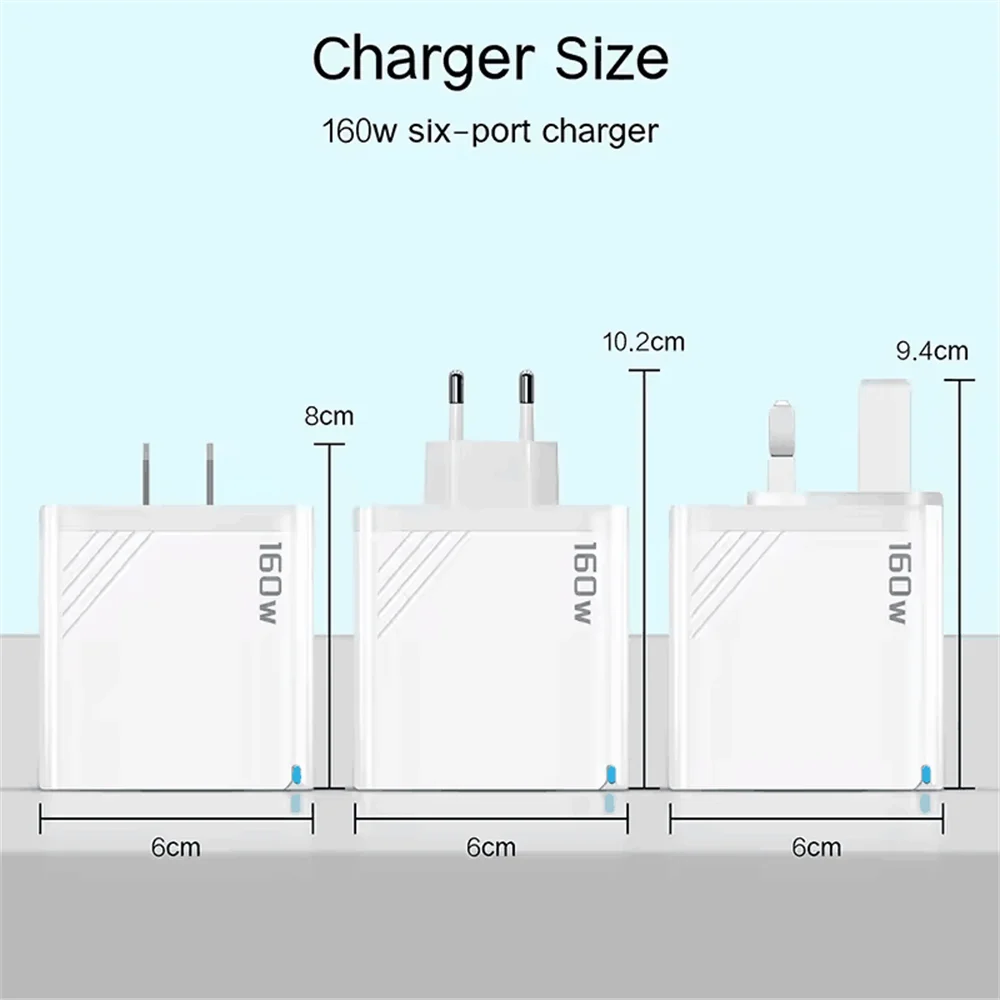 160W Multi-Port Fast Charger Type-C Wall Adapter for iPhone, Samsung & Huawei